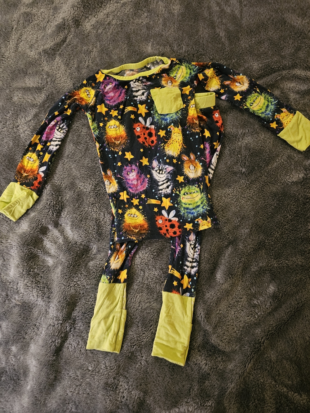 Children’s Monster Pajama Set with Neon Lime Trim
